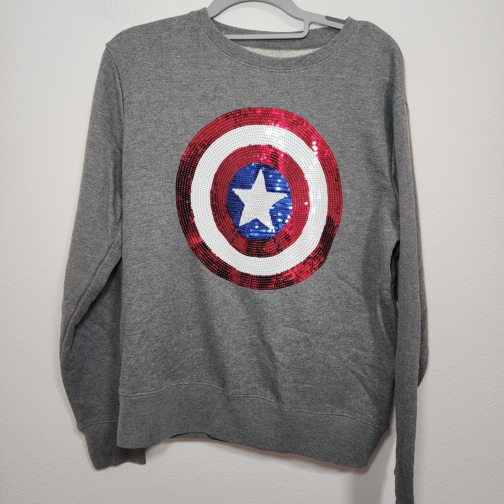 Disney Parks Captain America Sequin Shield Crewneck Sweatshirt Gray‎ XL